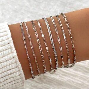 Silver 8pc Minimalistic Bracelet Chain Set